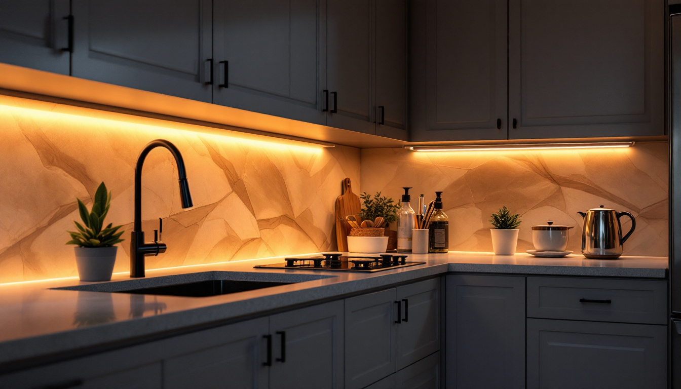 A photograph of a beautifully designed kitchen featuring under cabinet led lighting that highlights the countertops and creates a warm