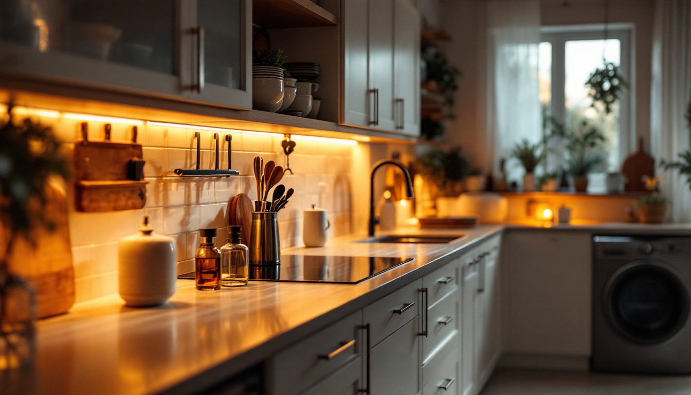 A photograph of a beautifully designed kitchen featuring warm under counter lighting that highlights the countertops and creates an inviting ambiance