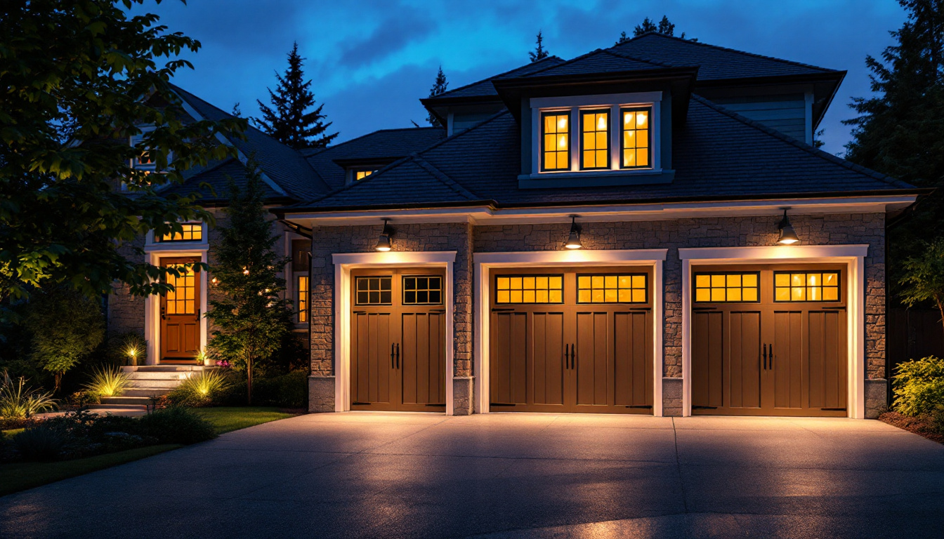 A photograph of a beautifully illuminated exterior garage