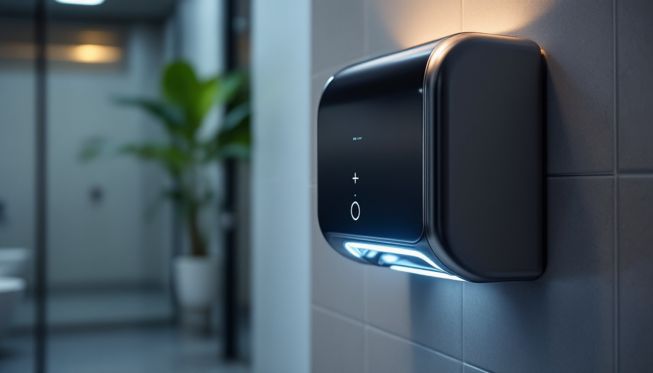 A photograph of a modern hand dryer in a well-lit restroom environment