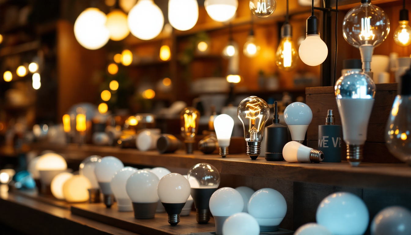 A photograph of a well-lit display of various lightbulbs in an inviting store setting