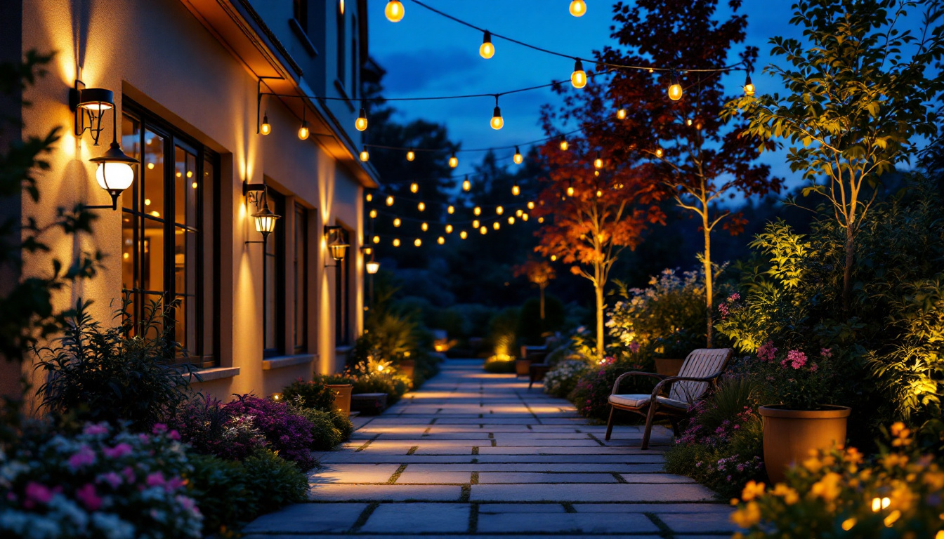 A photograph of a beautifully illuminated exterior space at dusk