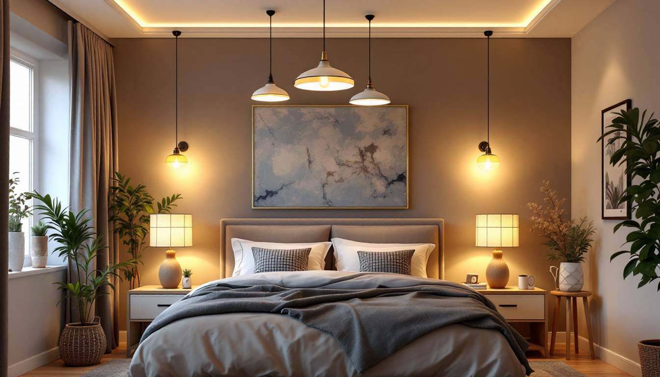 A photograph of a beautifully designed bedroom showcasing a variety of ceiling light fixtures