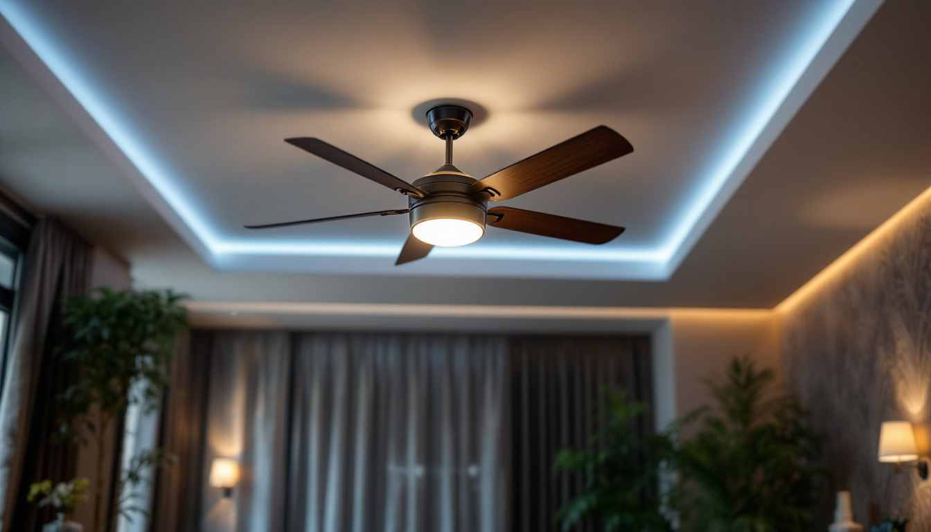 A photograph of capture a photograph of a stylish ceiling fan with integrated lighting