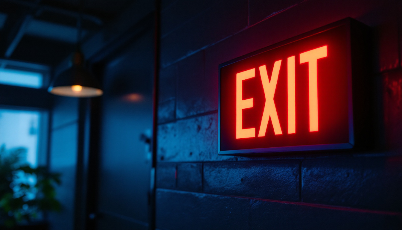 A photograph of a well-lit exit sign in a dimly lit environment