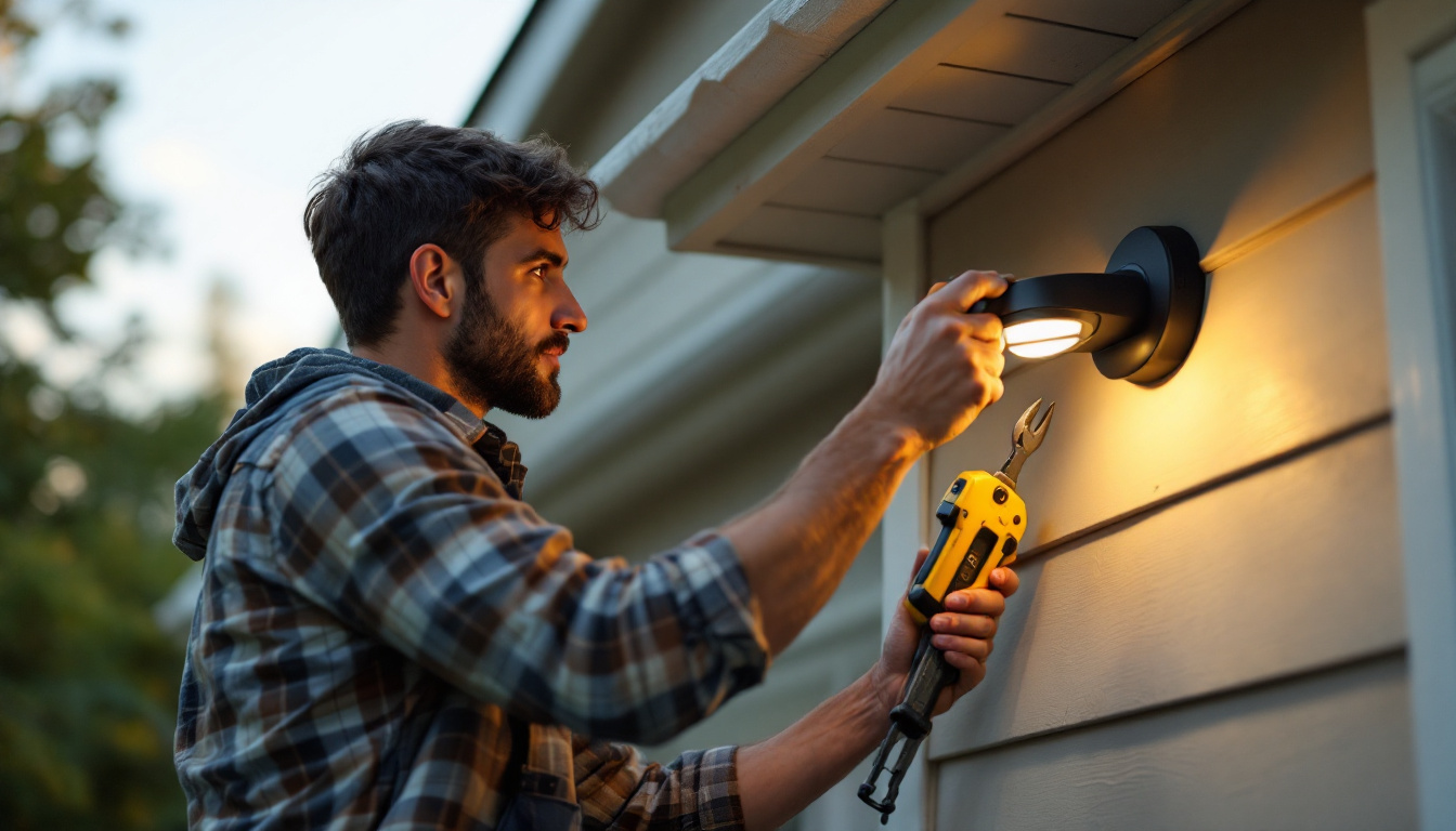 A photograph of capture a photograph of a homeowner installing a motion-activated outdoor light on a house