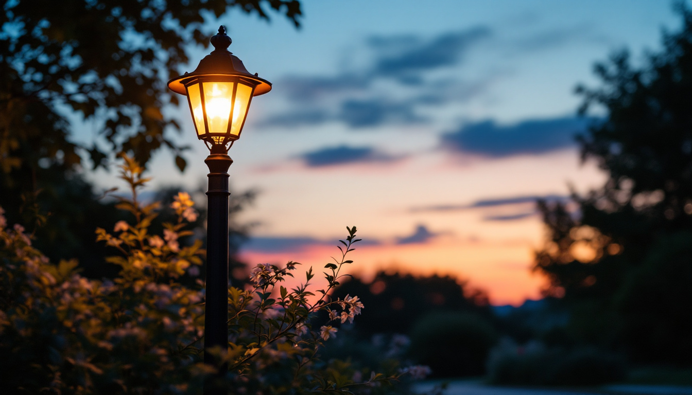 A photograph of capture a photograph of a beautifully designed outdoor light post illuminating a garden or pathway at dusk