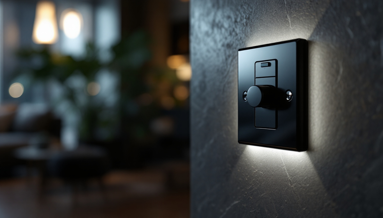 A photograph of a close-up shot of a single pole switch in an elegantly designed room