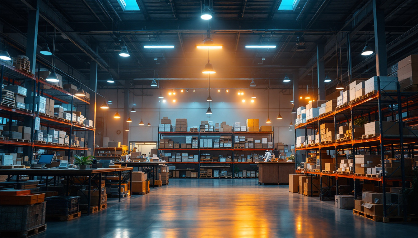 A photograph of a well-lit warehouse interior showcasing a variety of lighting solutions