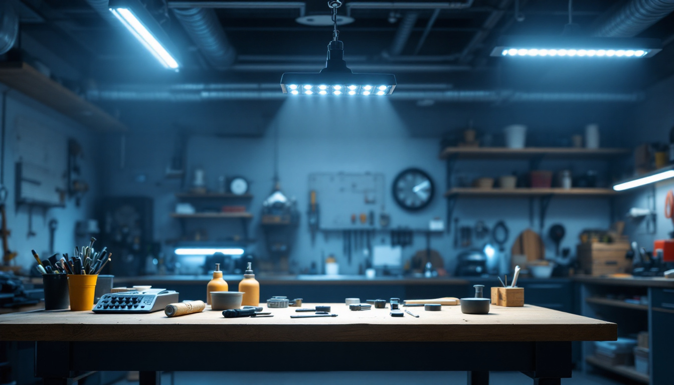 A photograph of a well-lit workshop or garage showcasing 8-foot led shop lights in action