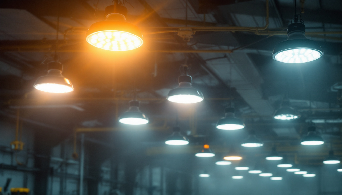 A photograph of a well-lit industrial or commercial space showcasing led high bay lights in action