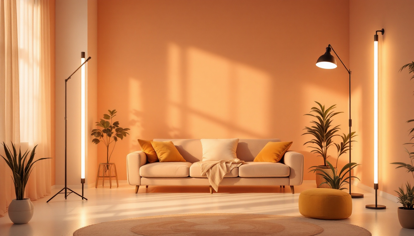 A photograph of capture a photograph of a well-lit room showcasing various tube lights in different settings