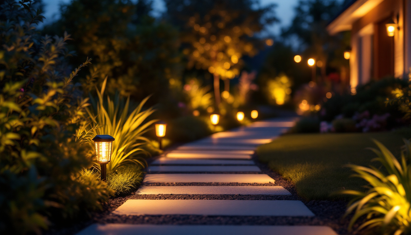 A photograph of a beautifully illuminated garden or pathway at dusk
