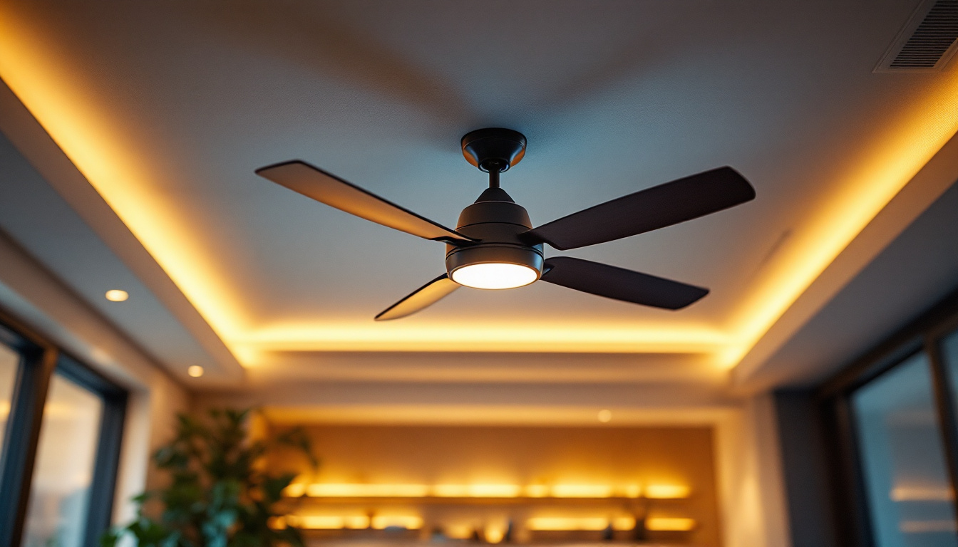 A photograph of a stylish commercial ceiling fan installed in a well-lit