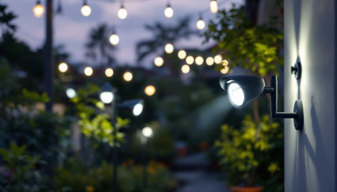 A photograph of capture a photograph of a well-lit outdoor area showcasing various types of security lights in action
