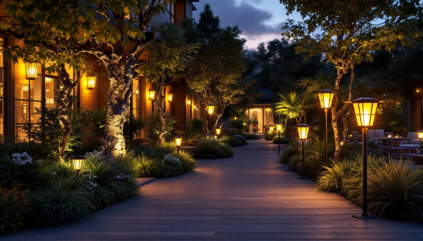A photograph of a beautifully illuminated outdoor space featuring solar-powered lights in various designs