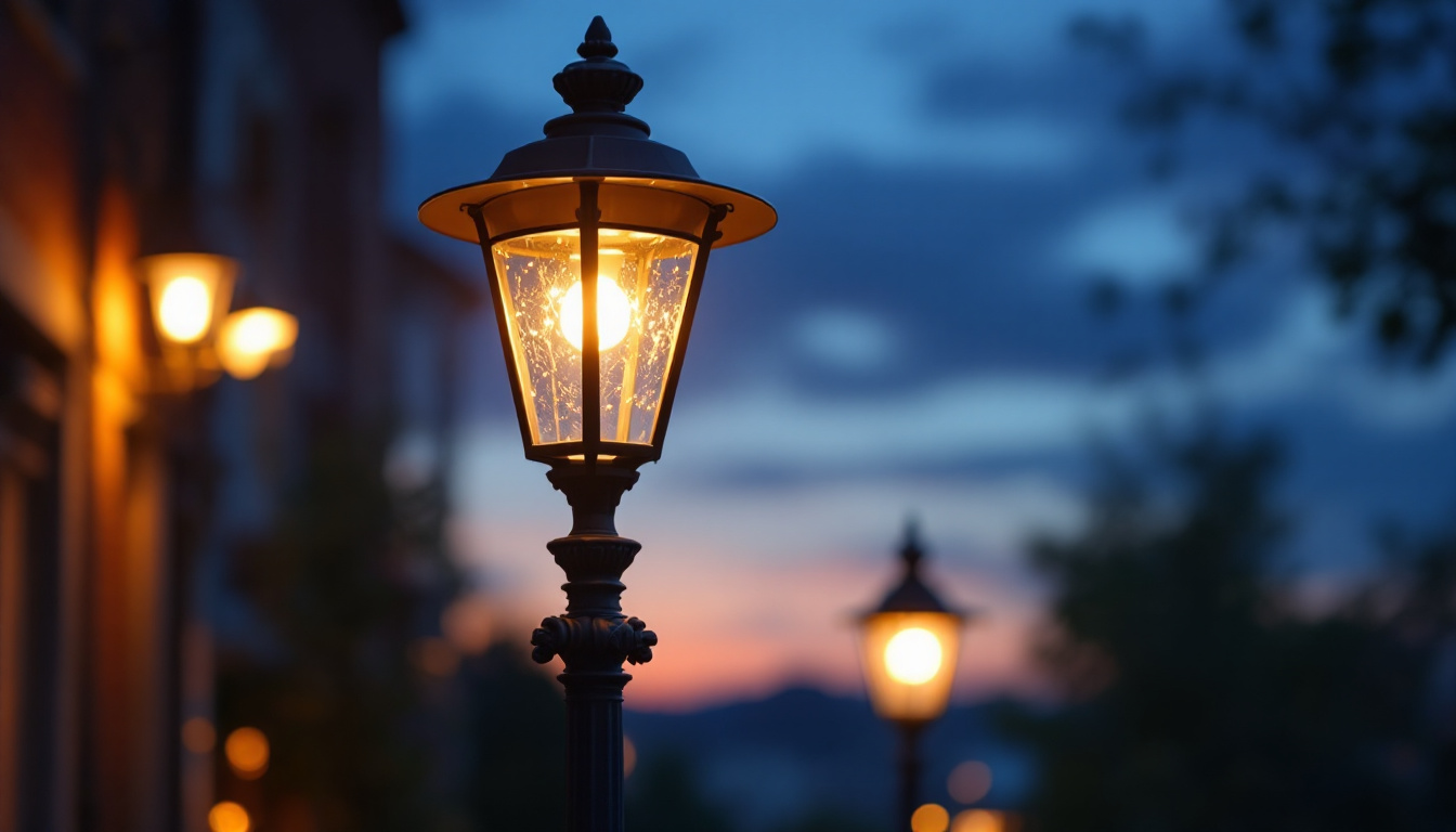 A photograph of a beautifully designed lamp pole illuminated at dusk