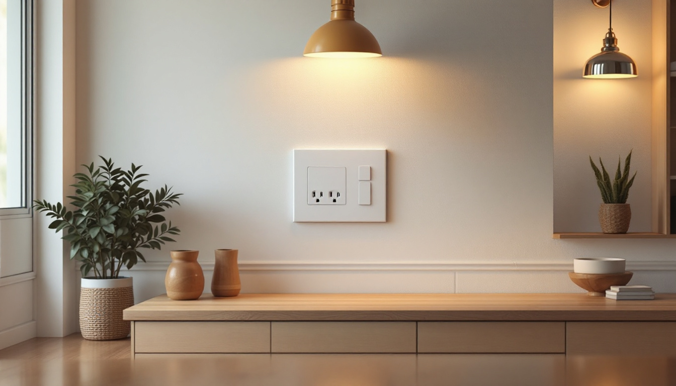 A photograph of a well-lit room showcasing various types of receptacle outlets and lighting fixtures