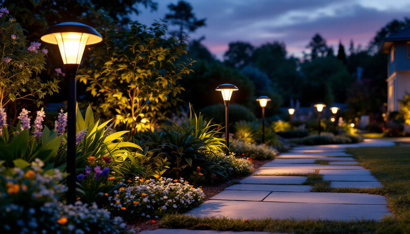 A photograph of a beautifully landscaped garden at dusk