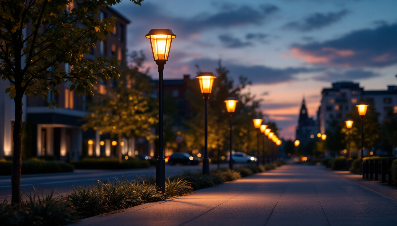 A photograph of a well-lit urban street scene at dusk