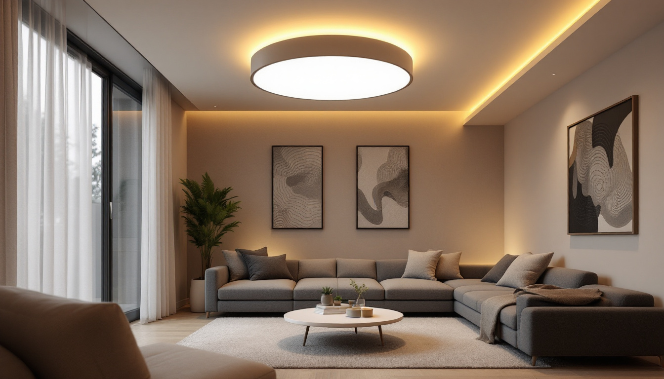 A photograph of a stylish flush mount ceiling light installed in a modern living space