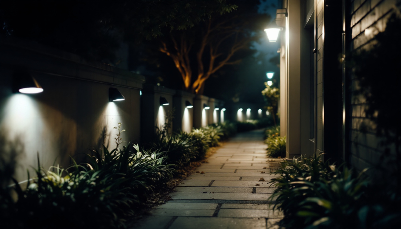 A photograph of a well-lit outdoor scene featuring security lights illuminating a pathway or entrance