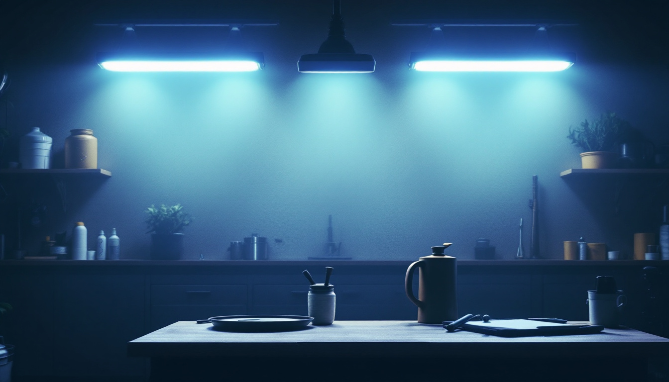 A photograph of a well-lit workshop or garage space showcasing multiple 4-foot led shop lights installed
