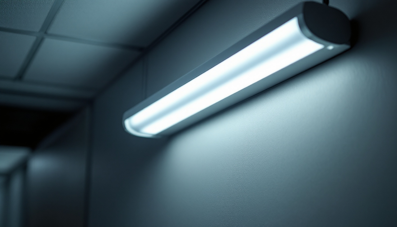 A photograph of a sleek fluorescent light fixture installed in a modern setting