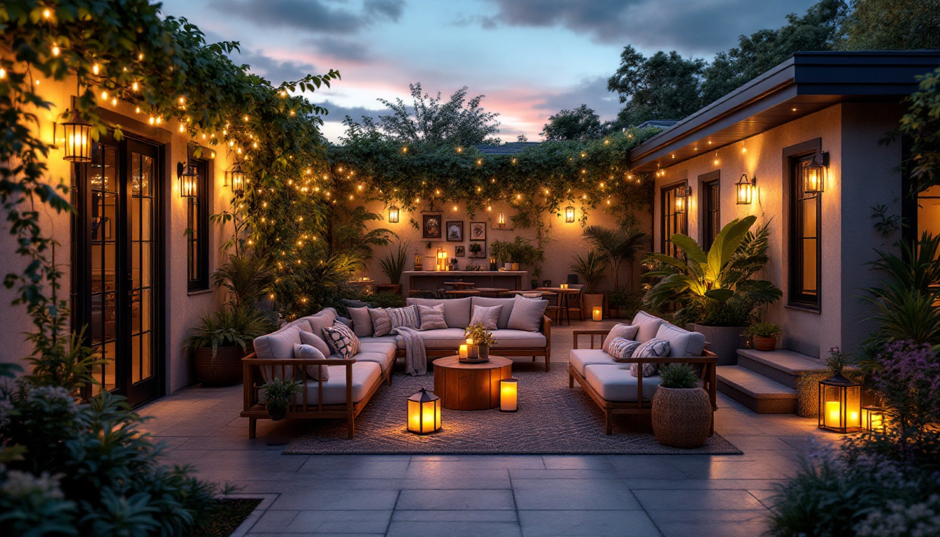 A photograph of a beautifully illuminated patio at dusk