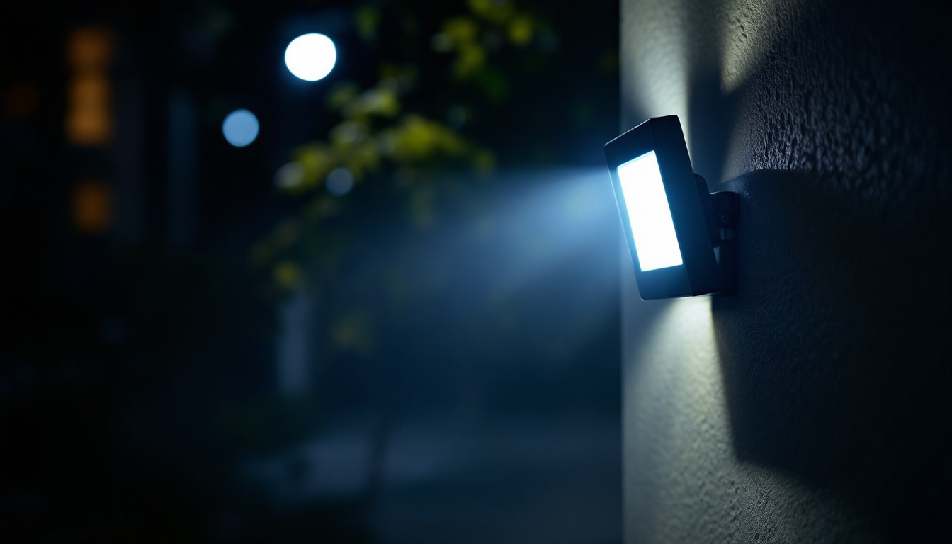A photograph of a motion sensor flood light in action