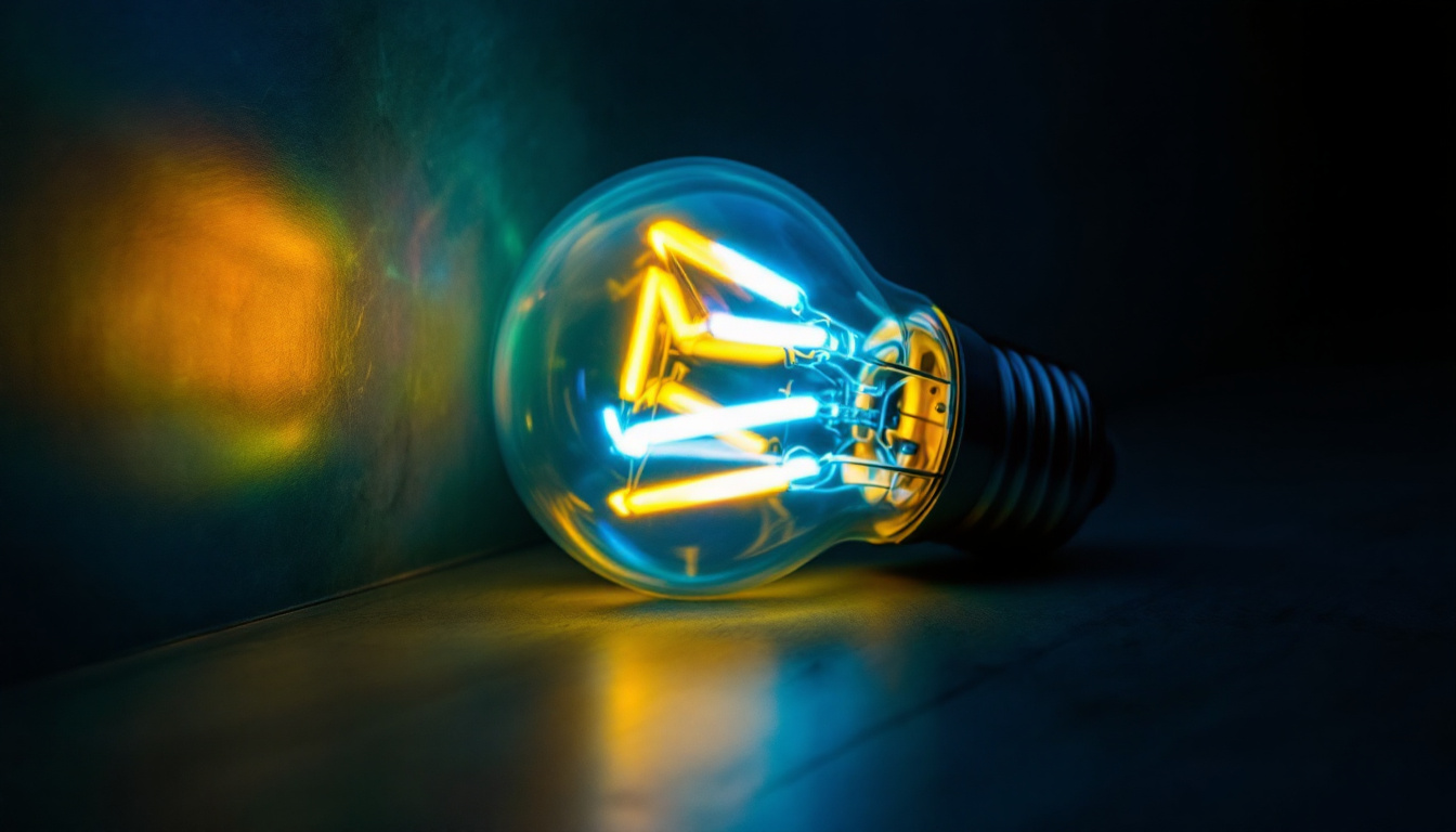 A photograph of a vibrant fluorescent light bulb illuminated in a stylish setting