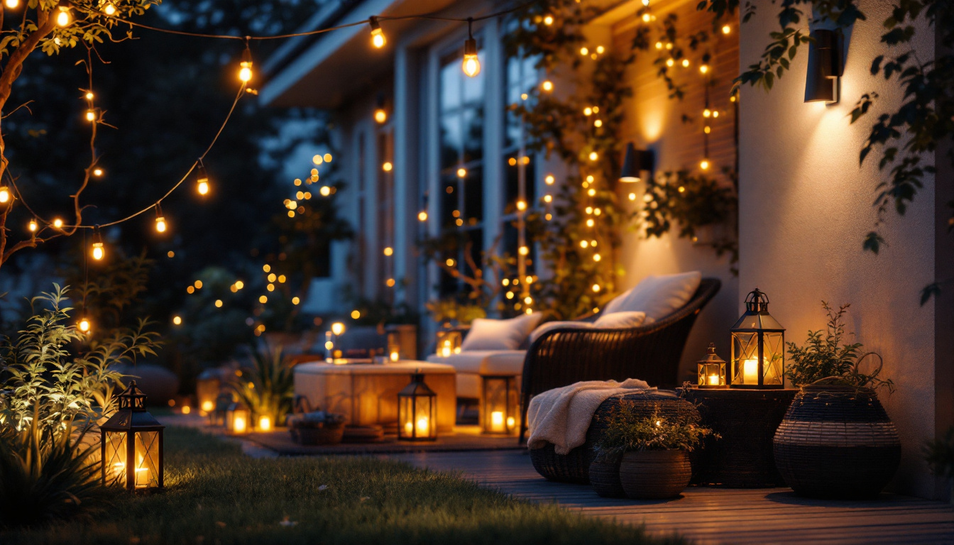A photograph of a beautifully illuminated outdoor patio scene at dusk