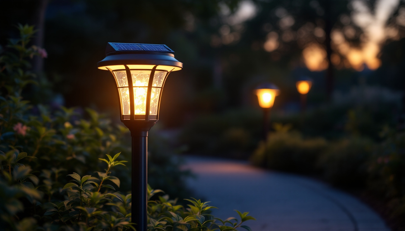 A photograph of a beautifully illuminated solar post light in a serene outdoor setting during twilight