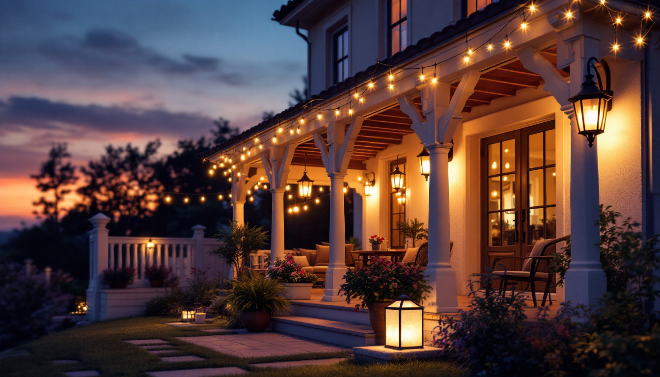 A photograph of a beautifully illuminated porch at dusk