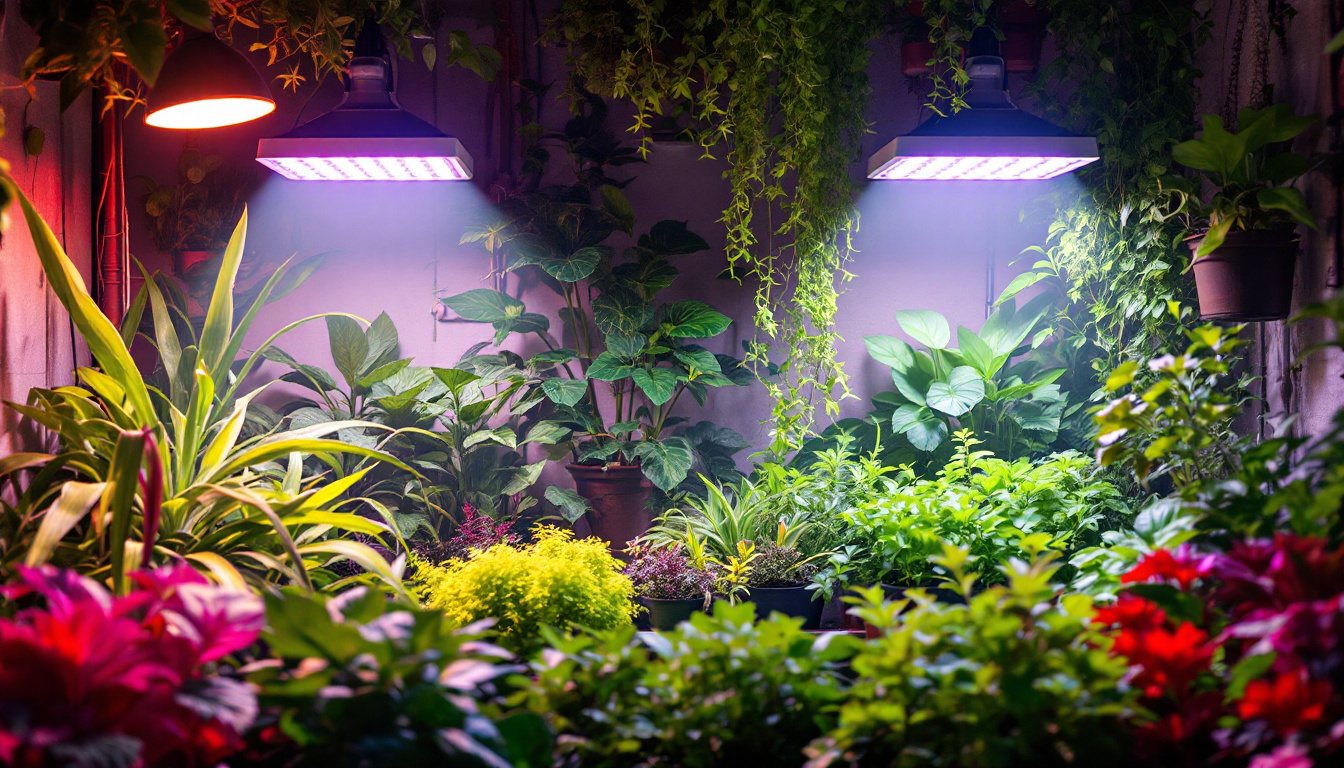 A photograph of a vibrant indoor garden illuminated by various types of growing lights