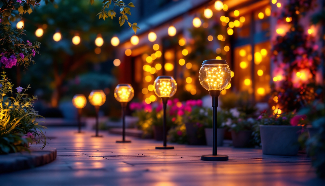 A photograph of a beautifully illuminated outdoor space featuring various styles of led solar lights in a garden or patio setting