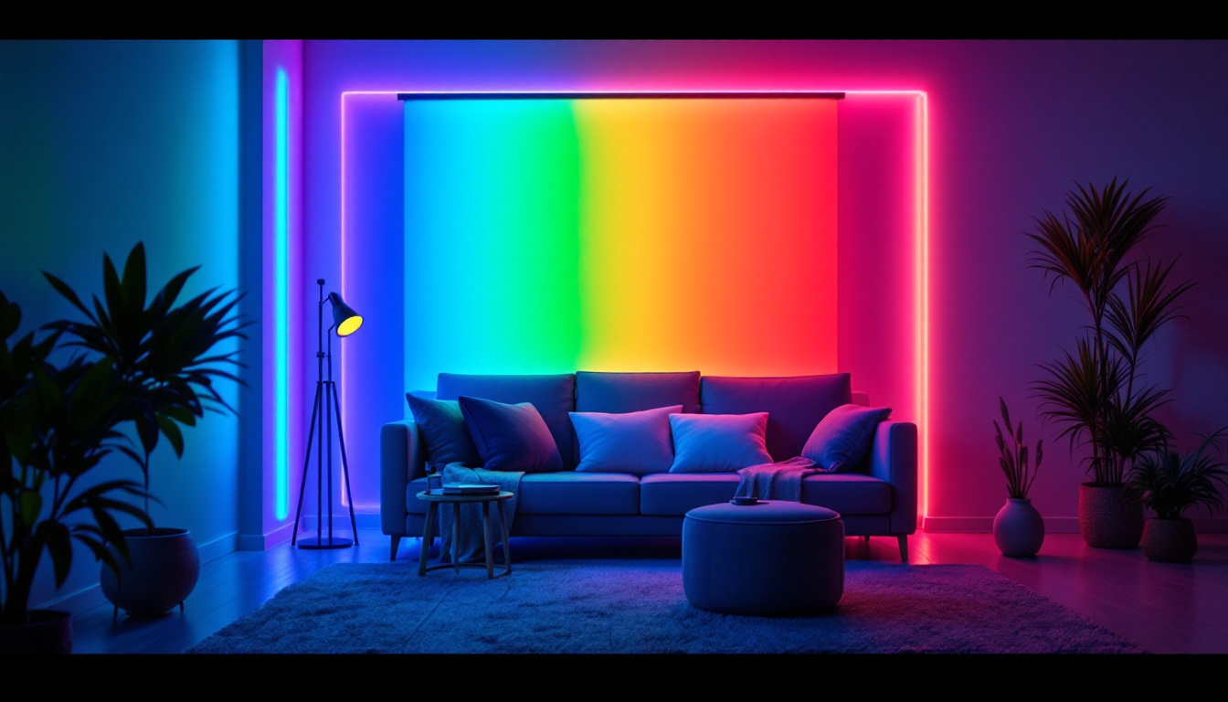 A photograph of a vibrant light strip illuminating a stylish interior space