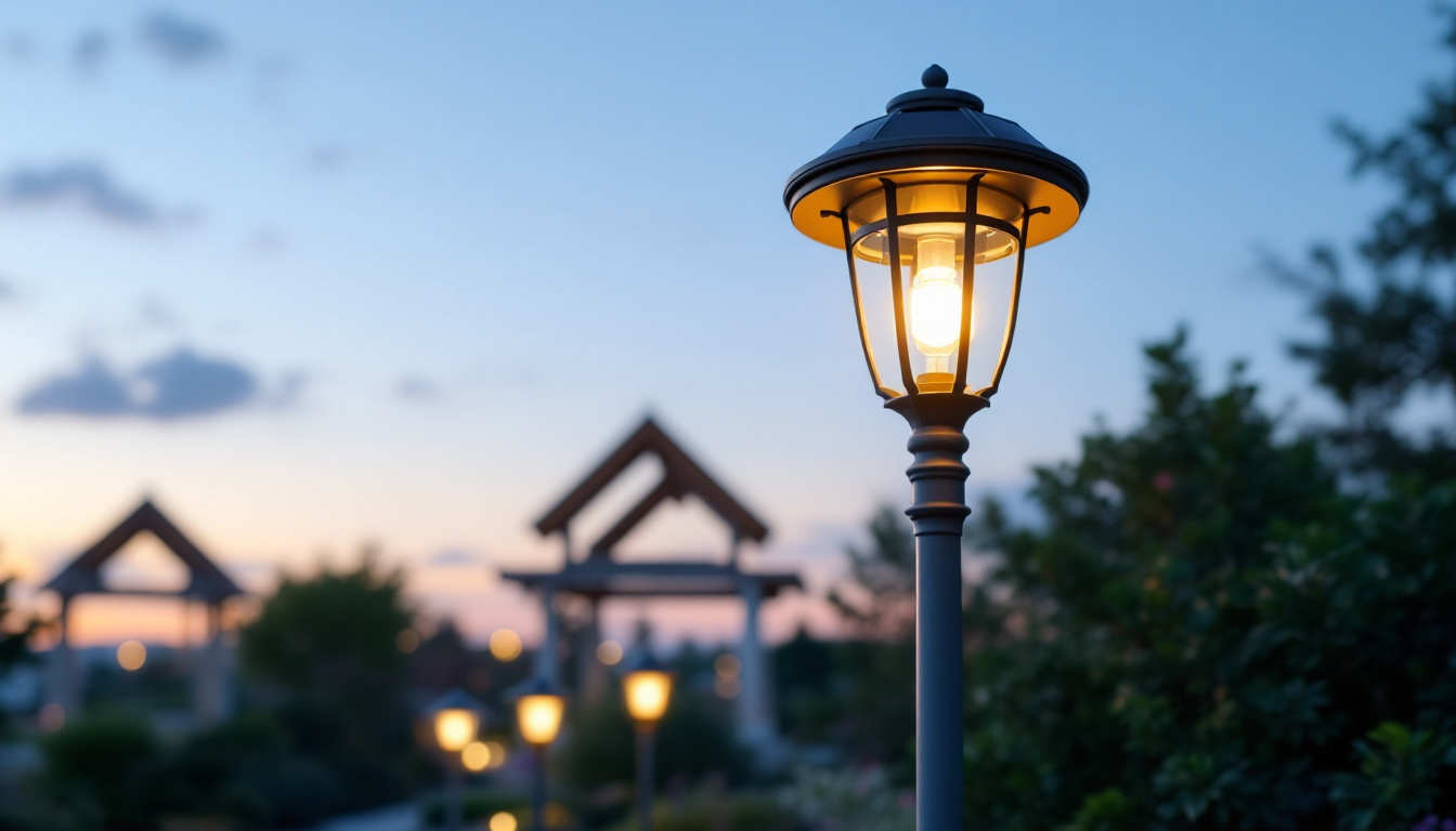 A photograph of capture a photograph of an elegant solar lamp post illuminated at dusk