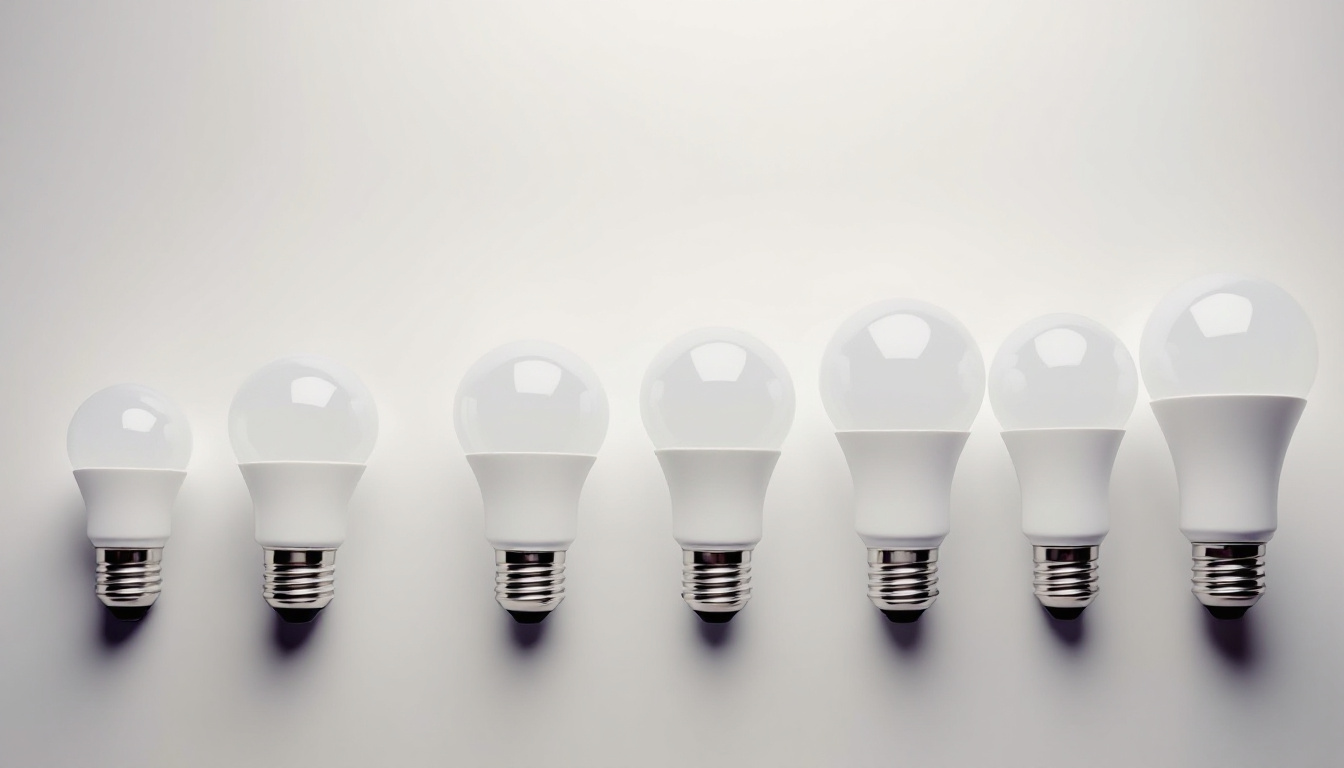 A photograph of a variety of light bulbs with different base sizes displayed side by side on a clean