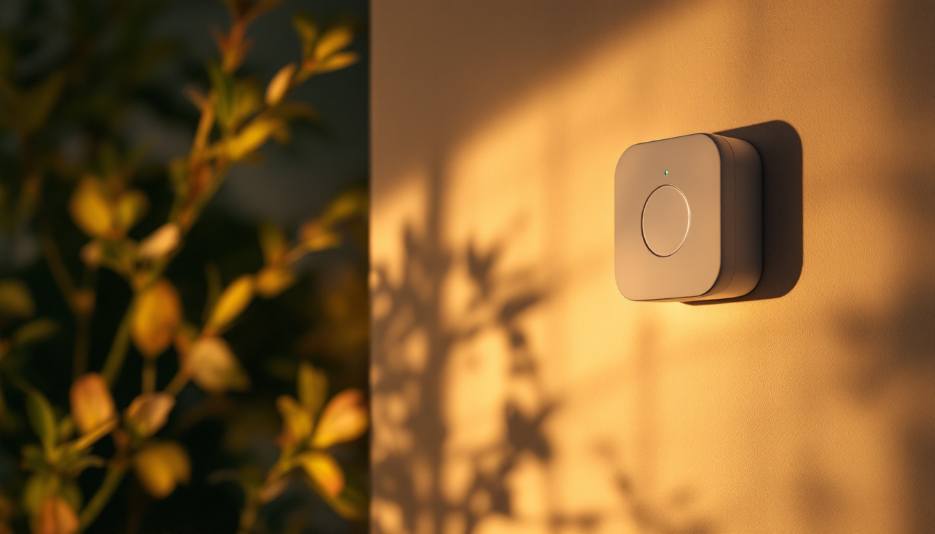 A photograph of a modern occupancy sensor installed in a well-lit room