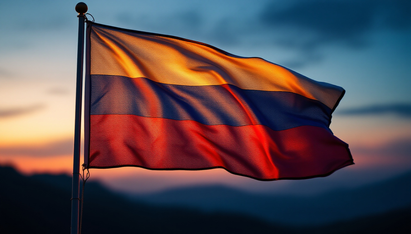 A photograph of a beautifully illuminated flag at dusk