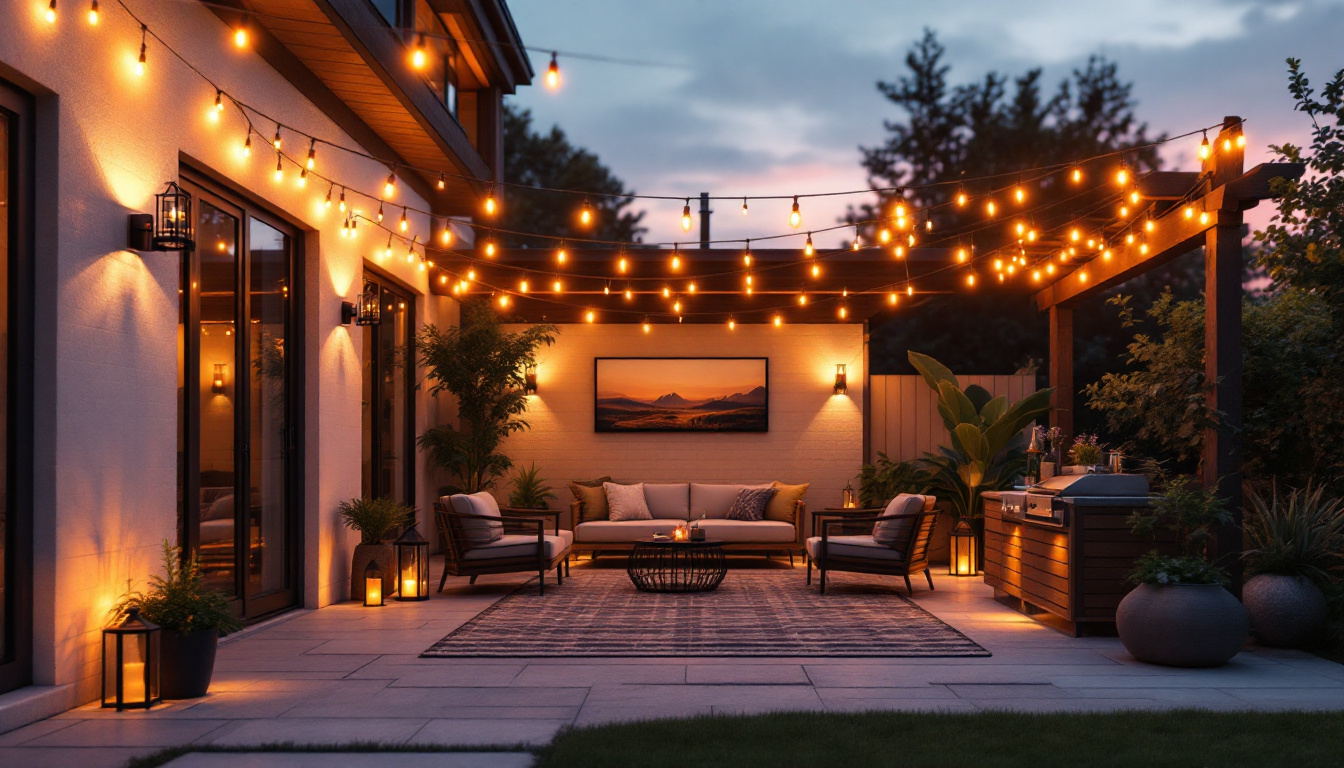 A photograph of a beautifully illuminated patio at dusk