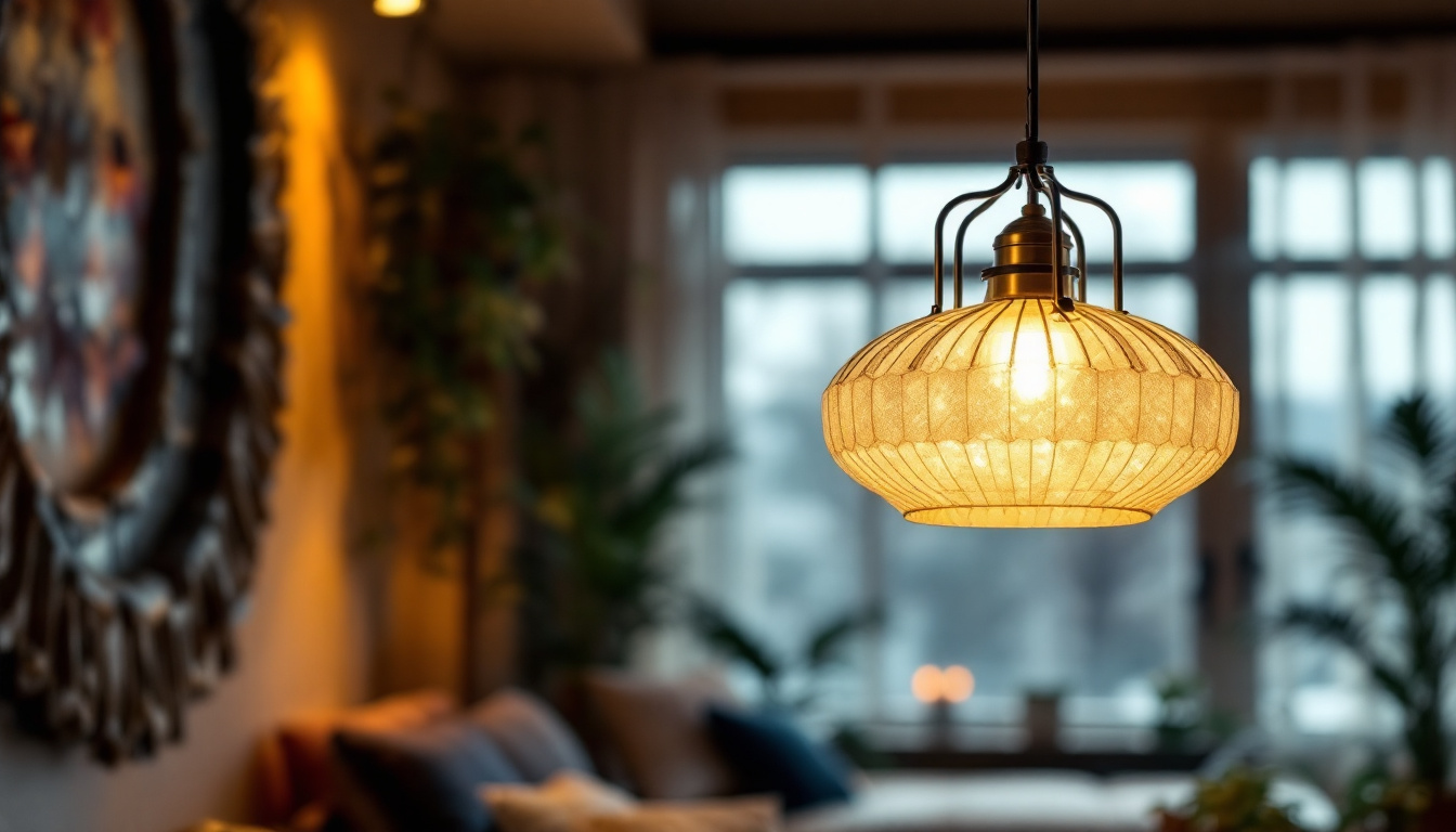 A photograph of a beautifully designed ceiling lamp in a well-lit room