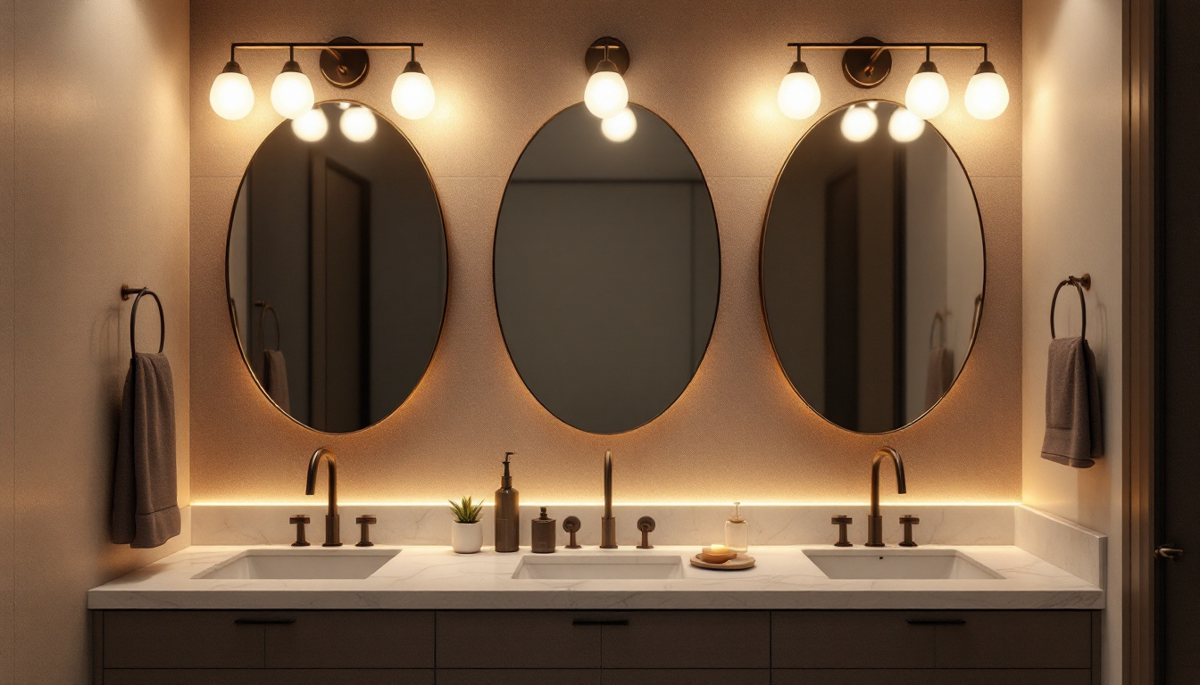 A photograph of a beautifully styled bathroom or vanity area featuring a range of elegant vanity light fixtures