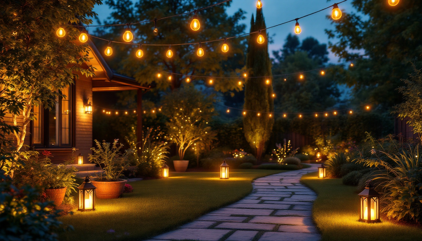 A photograph of a beautifully illuminated backyard scene at dusk