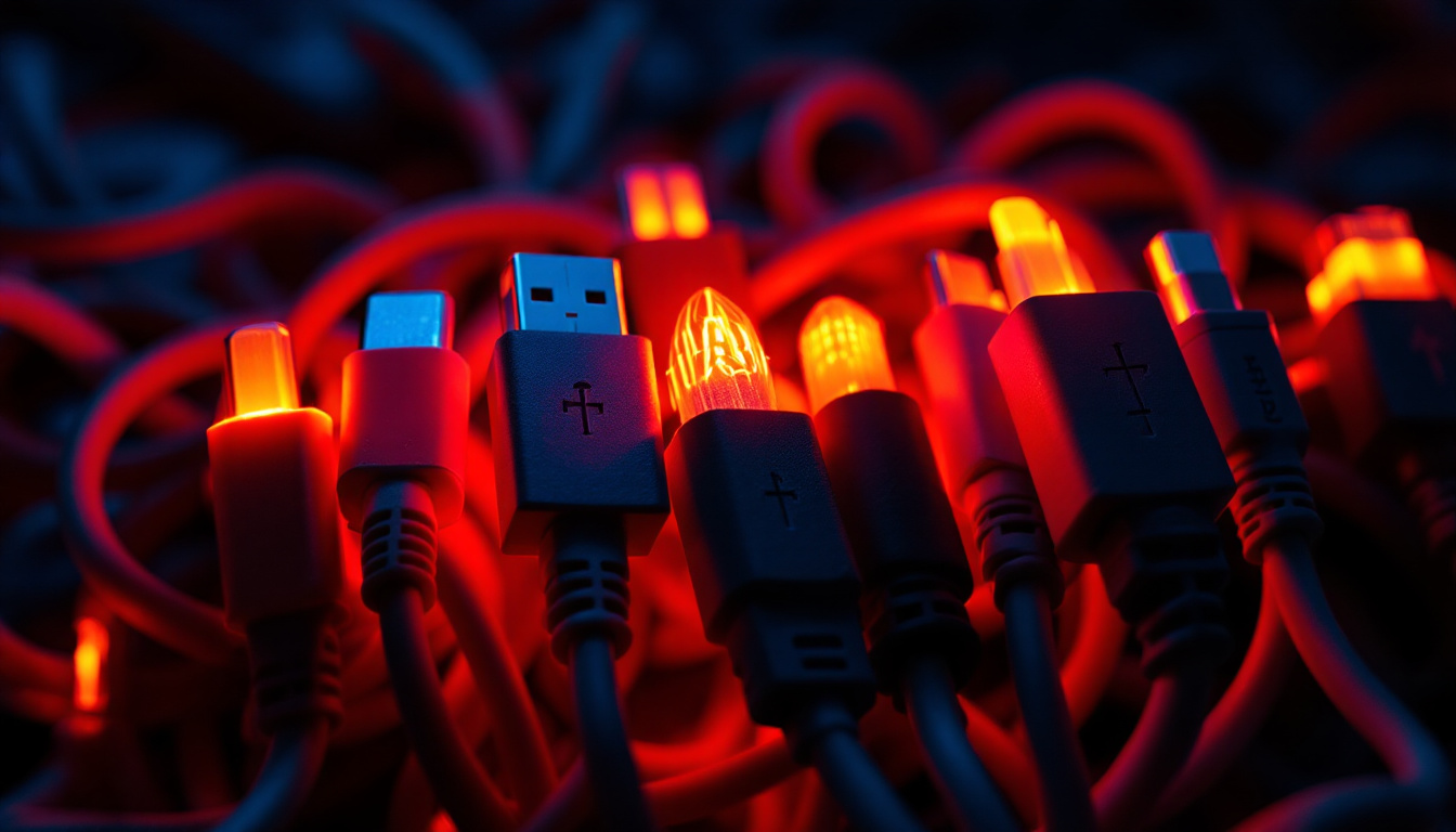 A photograph of a close-up shot of various types of power cords illuminated by soft