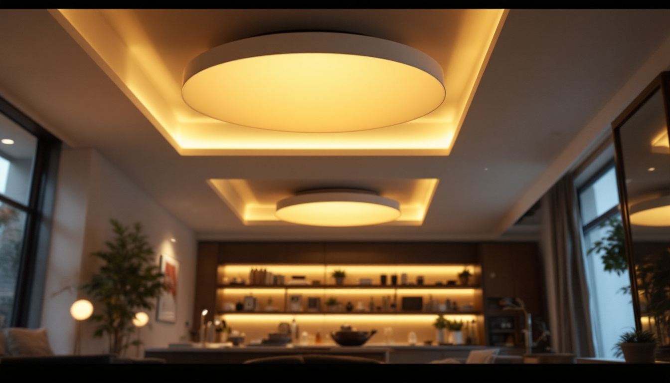 A photograph of a stylish interior featuring flush mounted ceiling lights in a well-lit room