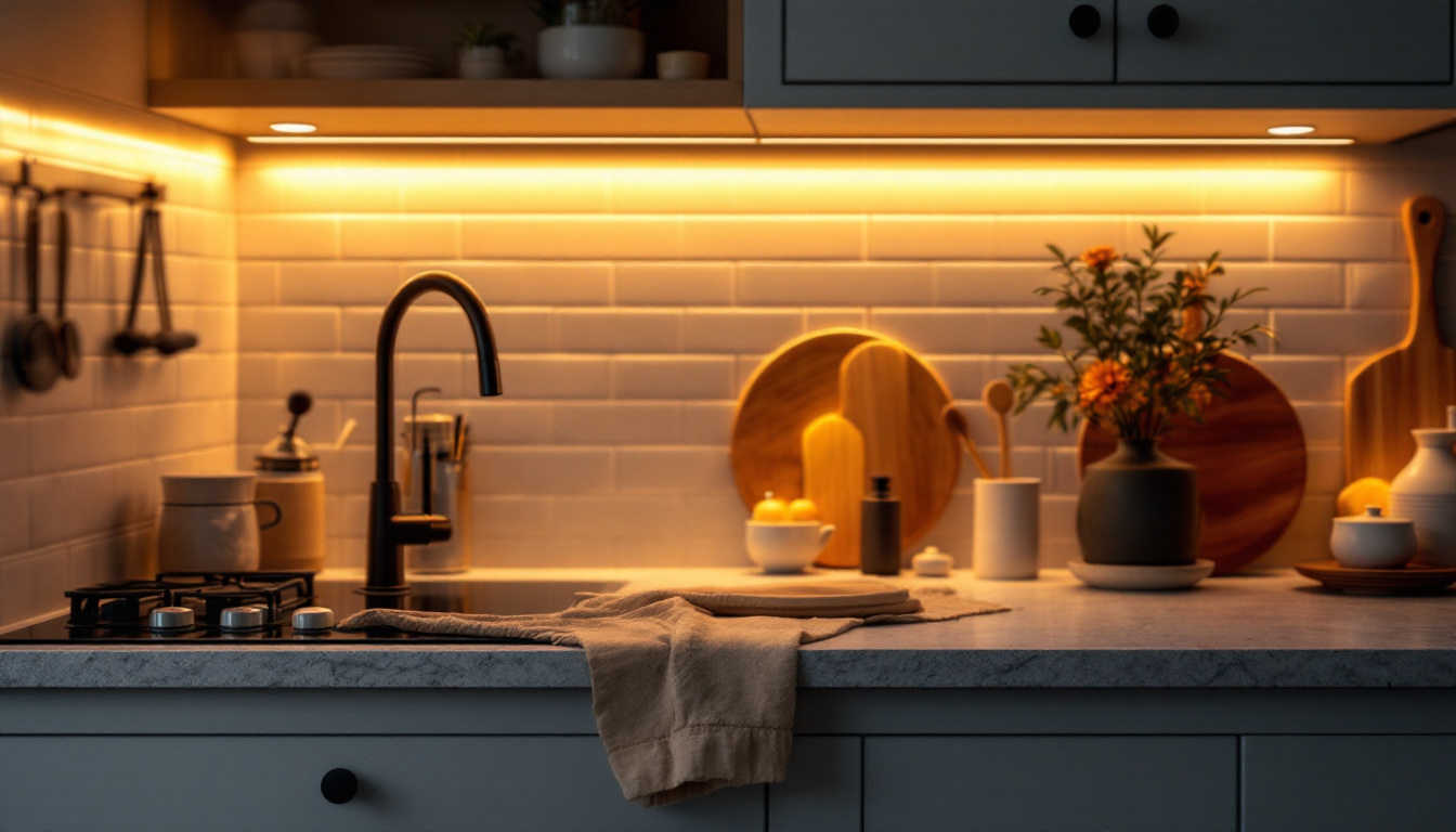 A photograph of a beautifully illuminated kitchen countertop featuring stylish under counter lights