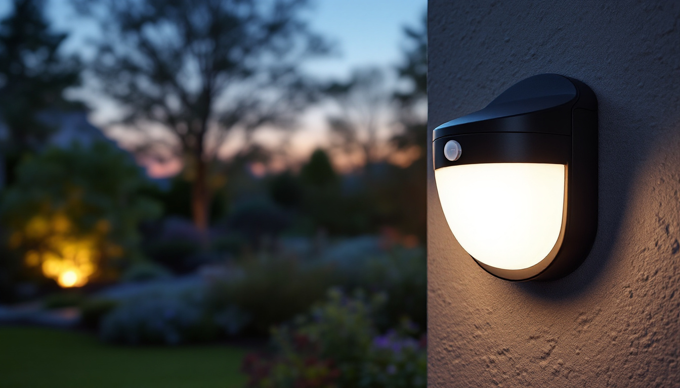 A photograph of a stylish outdoor motion sensor light installed in a beautifully landscaped garden at dusk