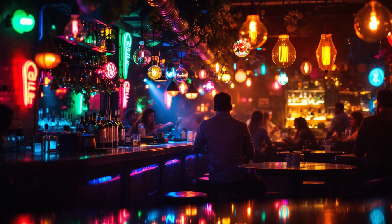 A photograph of a stylish bar scene illuminated by an array of colorful bar lights